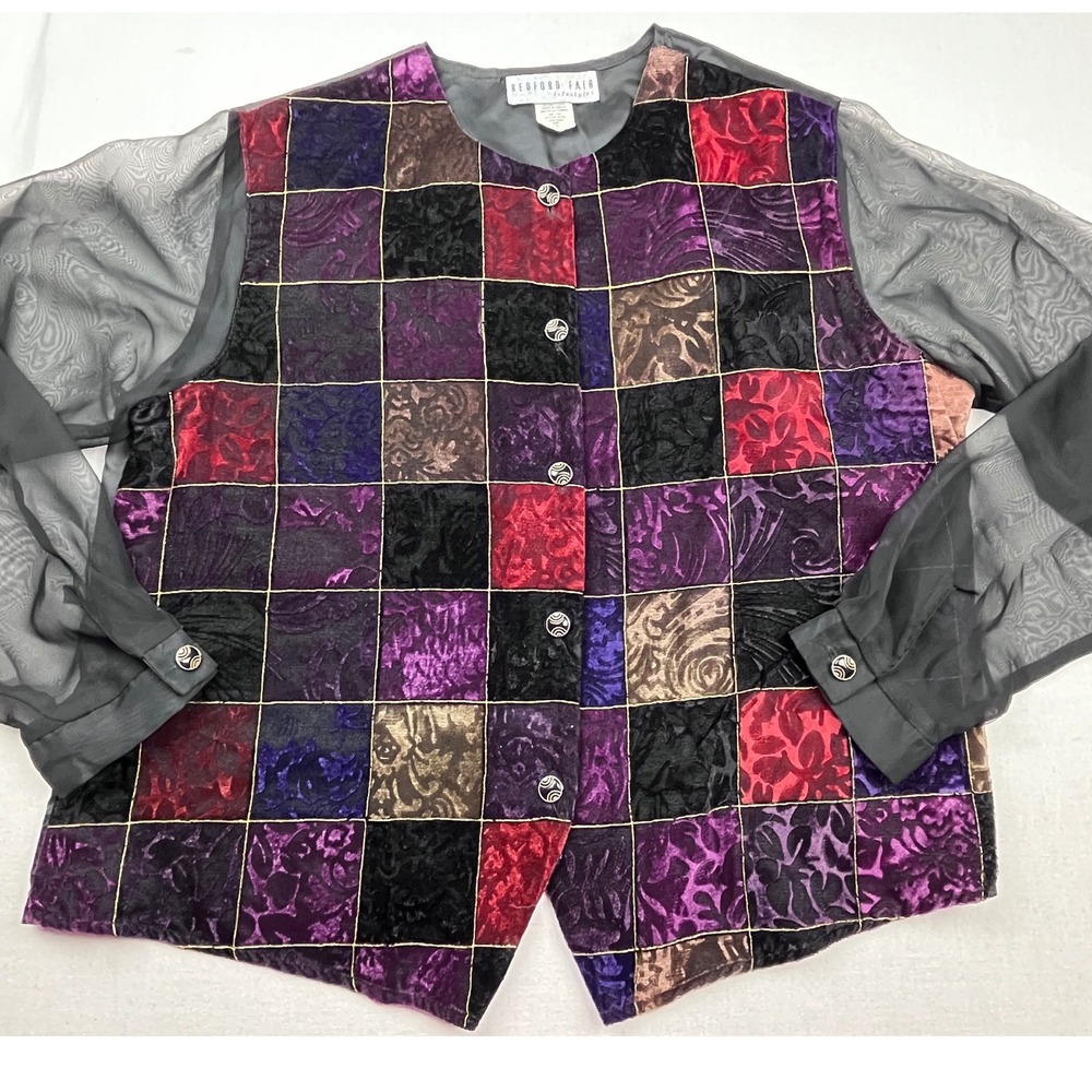 Bedford Fair Lifestyles Patchwork Velvet Mesh Sleeve Jacket Jewel Tone Size 16
